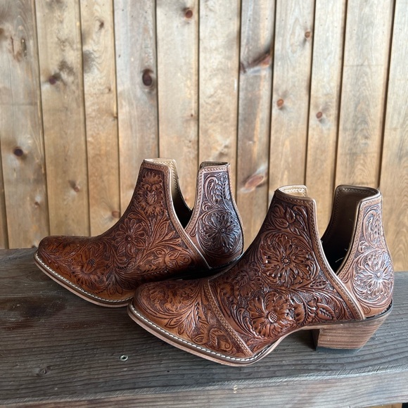 Dakota Charm Hand Tooled Genuine Leather Bootie Cowboy Boot Western Tan Brown - Picture 5 of 10